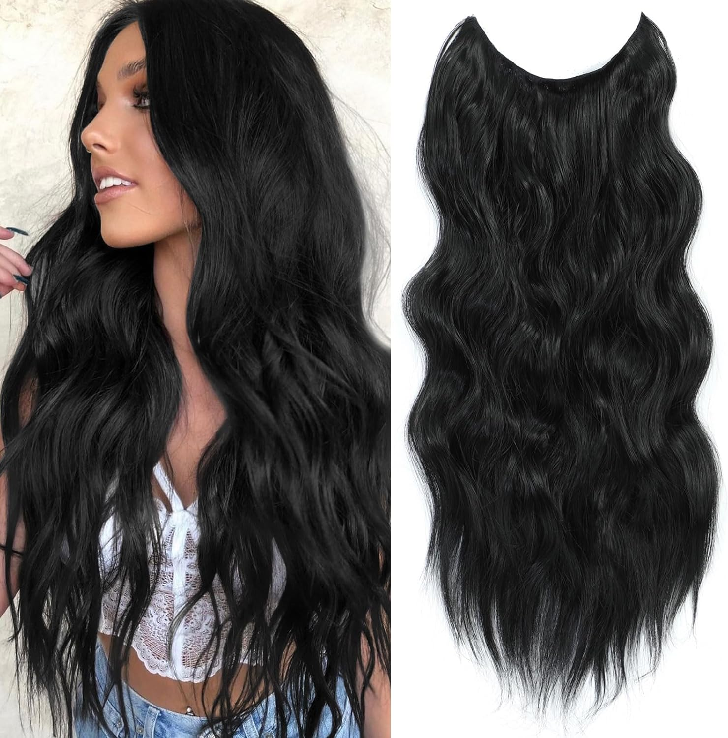 BUPPLER Halo Hair Extensions 12 Inch Invisible Wire Hair Extensions Adjustable Long Wavy Hairpiece Synthetic Upgrade 4 Secure Clips in Hairpieces 12 Inch,Light Brown