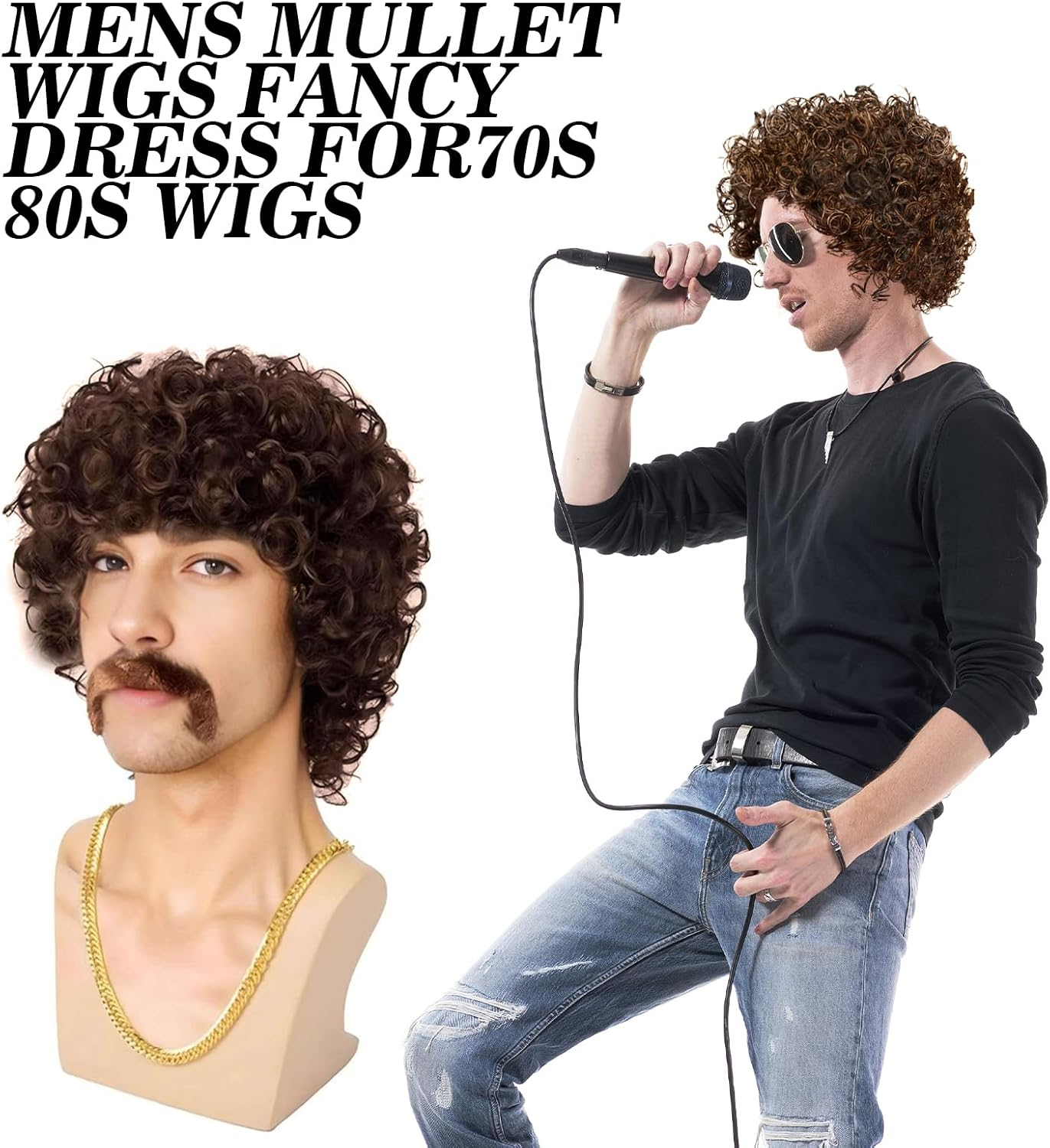 Wigs for Men,80S Wigs,Retro Pop Rock Curly Mens Wig,Suitable for Halloween,Christmas,Birthday Parties,Role Play (Brown) image number 3