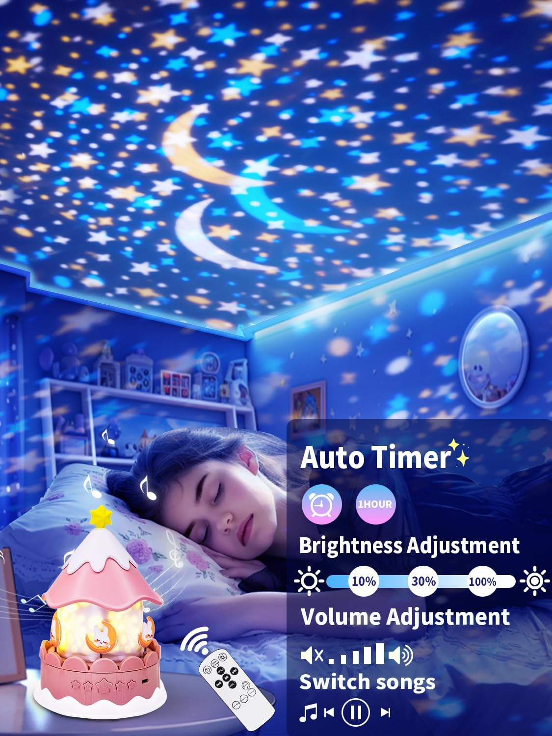 21 Sets of Films + 13 Soothing Music Sound, Projector Night Light for Kids, Kids Night Light Projector for Bedroom, Ceiling, Remote Music Star Projector for Girls with Timer 360&deg; Rotation, Room Decor image number 4