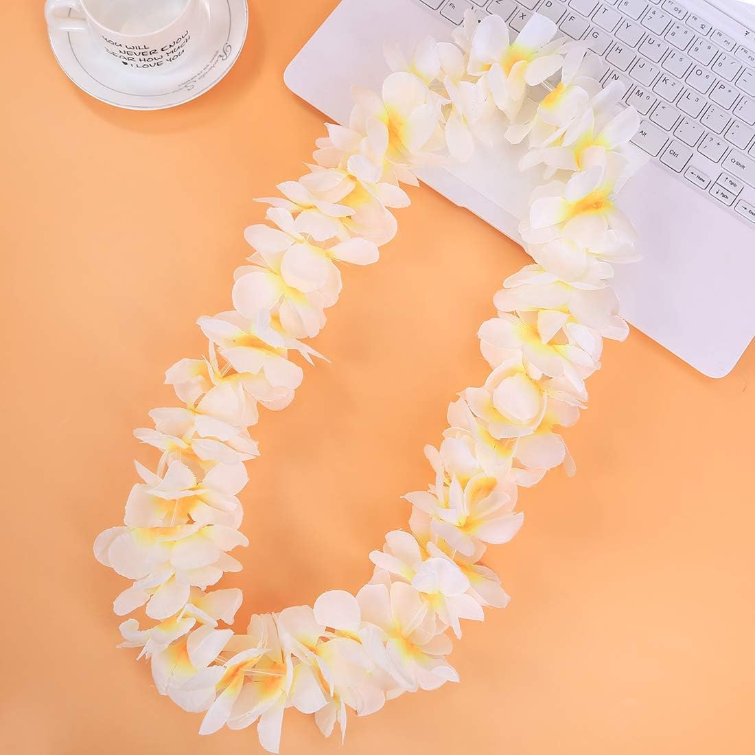 UNITOPS Pack of 6 Hawaiian Leis Necklace Tropical Luau Hawaii Wreaths Silk Flower Lei Thickened Dance Garland Flower Leis for Party Favor Hula Hawaiian Party Supplies (White, 6) image number 5