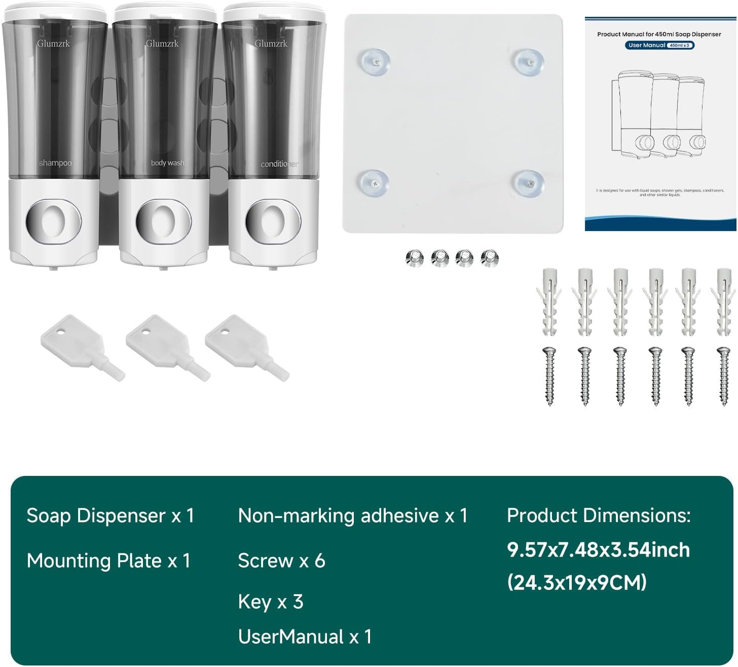 Shower Soap Dispenser Wall Mounted No Drill Shampoo Conditioner Body Wash Dispensers 15Oz/450Ml X 3 Chamber Shower Dispenser Bottles with Upgrade Pump Head Refillable Bathroom Soap Dispenser Set White - Black 3 image number 3