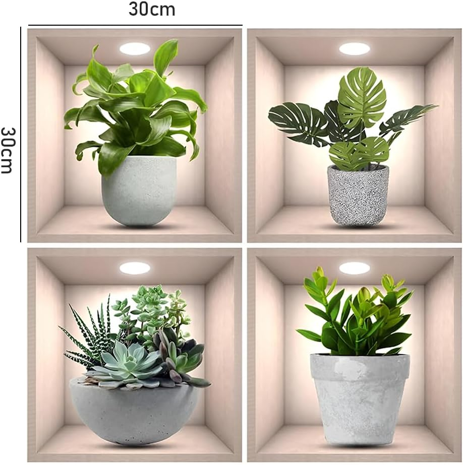 4 Pcs Green Pot Plants Leaves Wall Decals, 3D Bonsai Plant Wall Sticker, Living Room Dining Room Bedroom Decor, 30 * 30Cm, Peel and Stick