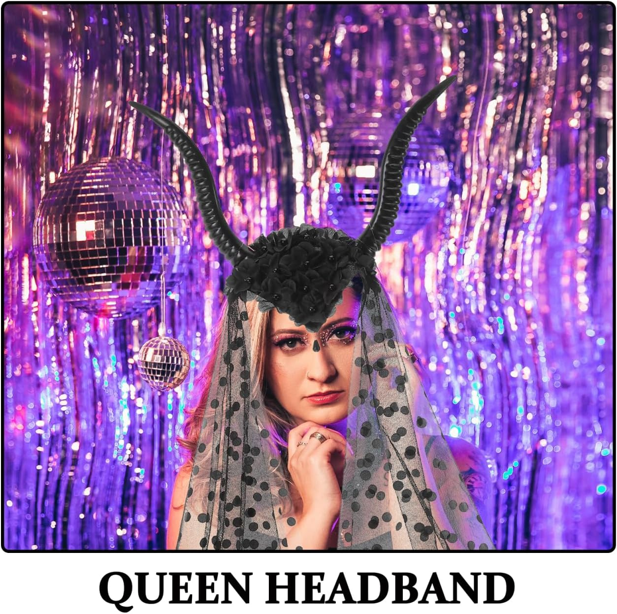 Healifty Goat Horns Headband Costume Cosplay: Gothic Queen Sheep Horns Headdress Halloween Demon Devil Headpiece with Black Mesh Veil