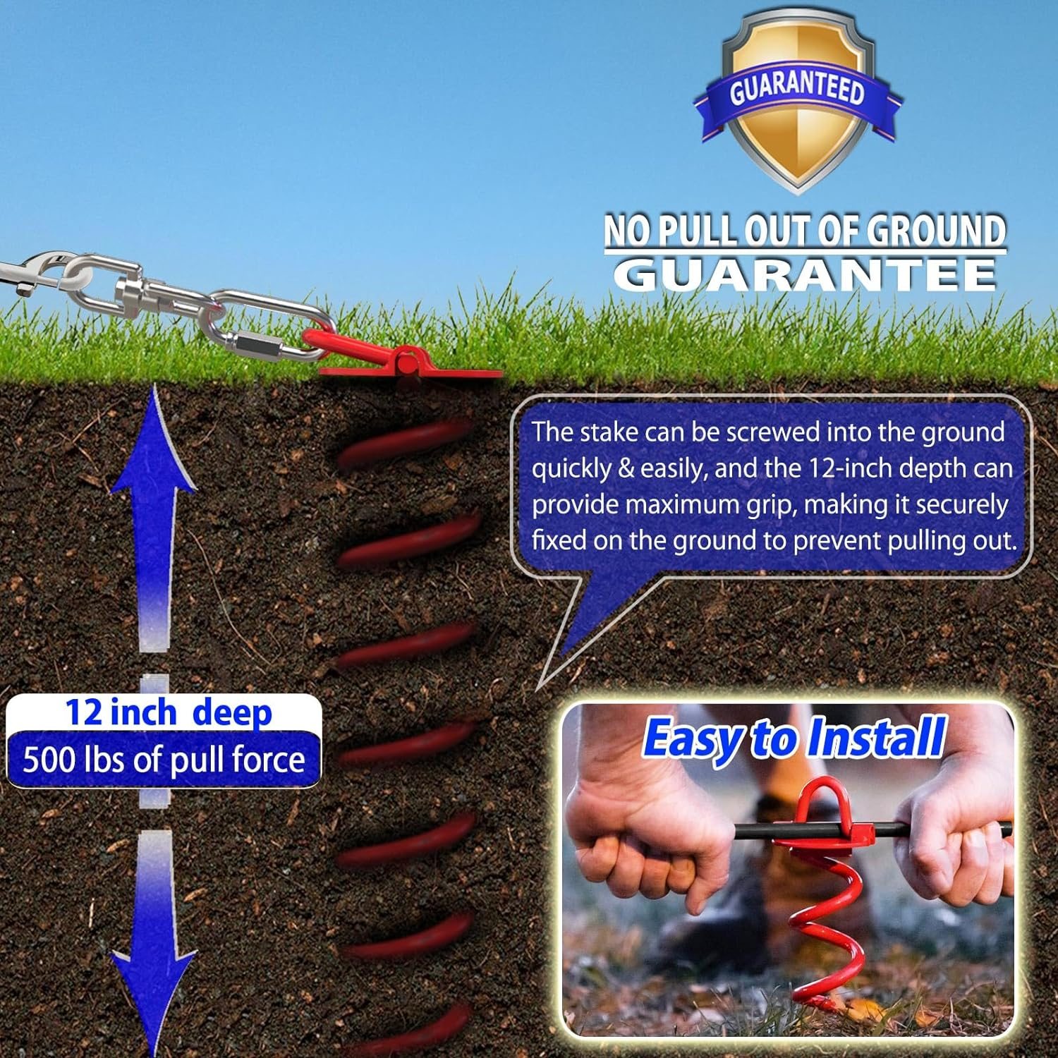 Tie Out Cable and Stake - 360&deg; No Tangle Spiral Yard Stake and Leash for Small to Large Dogs up to 125 Lbs - Chain for Yard Camping Park image number 6