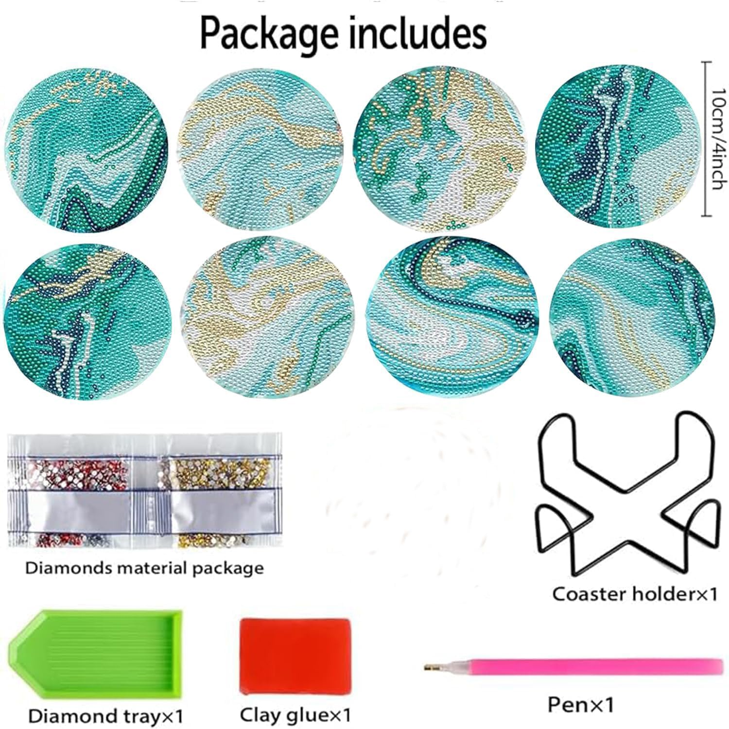 8Pcs Diamond Painting Coasters with Holder, Diamond Art Coasters for Beginners, DIY Teal Marble Ocean Coasters Set for Drinks Painting, Art Kits Craft Supplies for Adults image number 4
