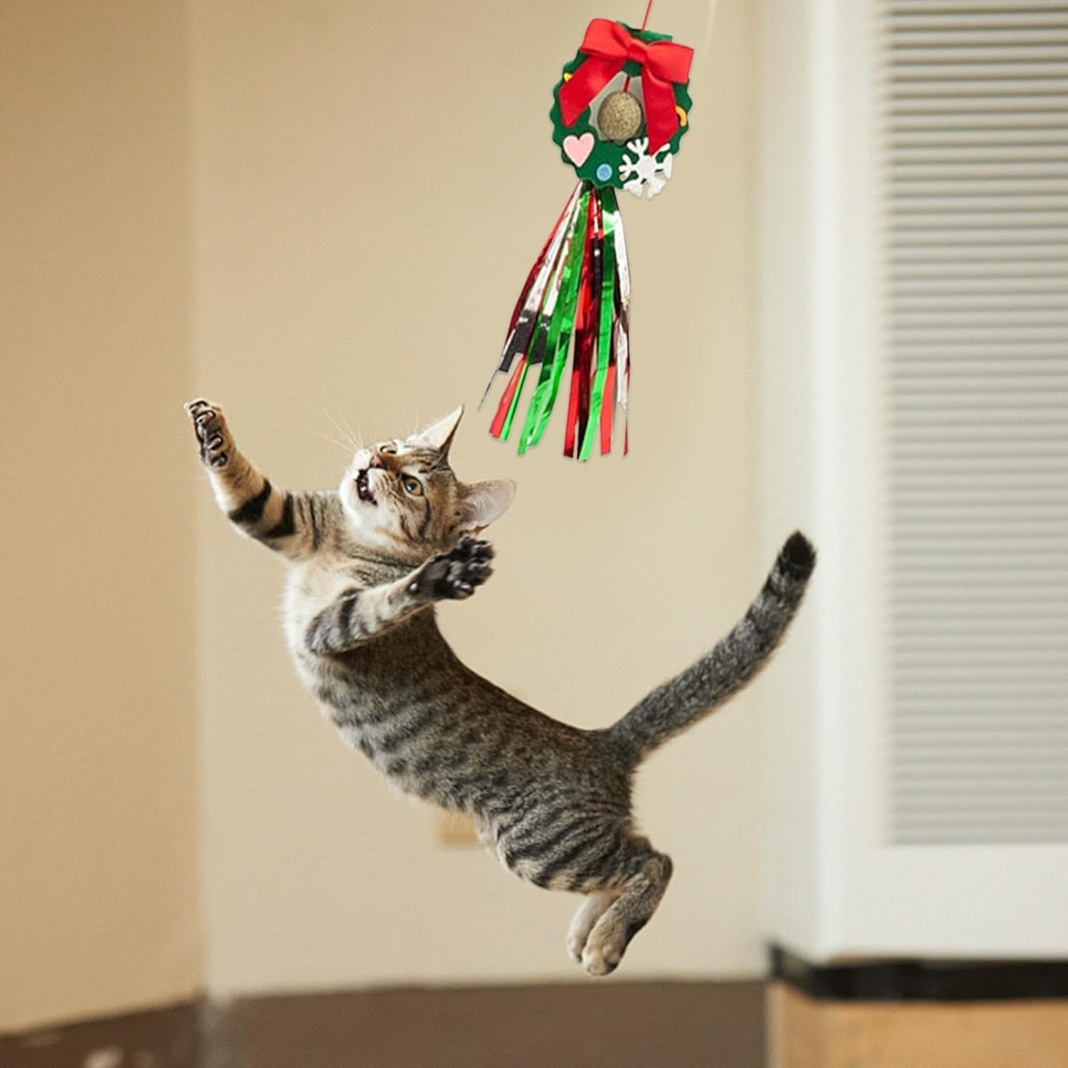 Christmas Cat Toys for Indoor Cats | Christmas Interactive String Feather Cat Toys | 2M Elastic Rope Hang Door Retractable Cat Toy for Indoor Cats Kitten