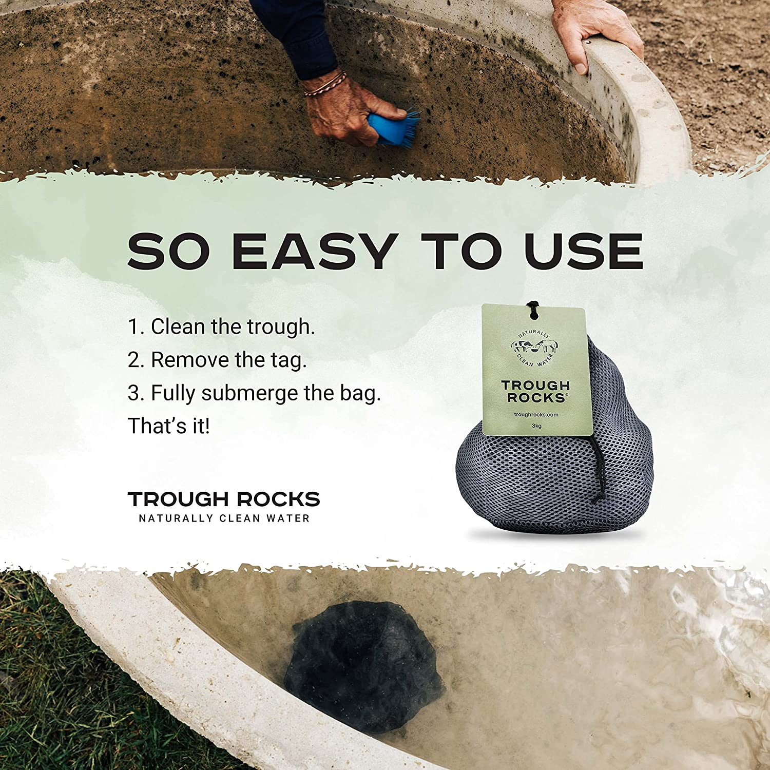 Trough Rocks - All Natural Algae & Bacteria Inhibitors for Horses & Livestock Water Troughs, Cleaner Healthier Water, One Application, Lasts 4 Months, One 3Kg Bag image number 1