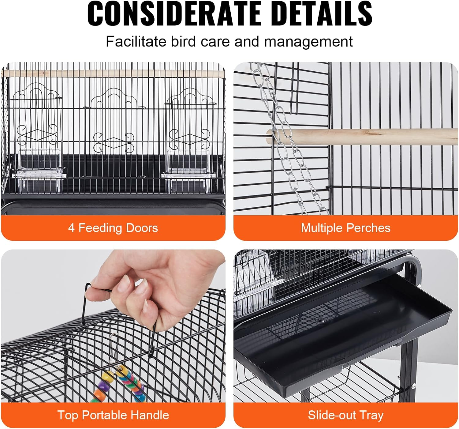 VEVOR 60 Inch Flight Bird Cage, Metal Large Parakeet Cages for Cockatiels Parrot Budgies Lovebirds Canaries, Pet Big Bird Cage with Rolling Stand and Hanging Toys image number 4