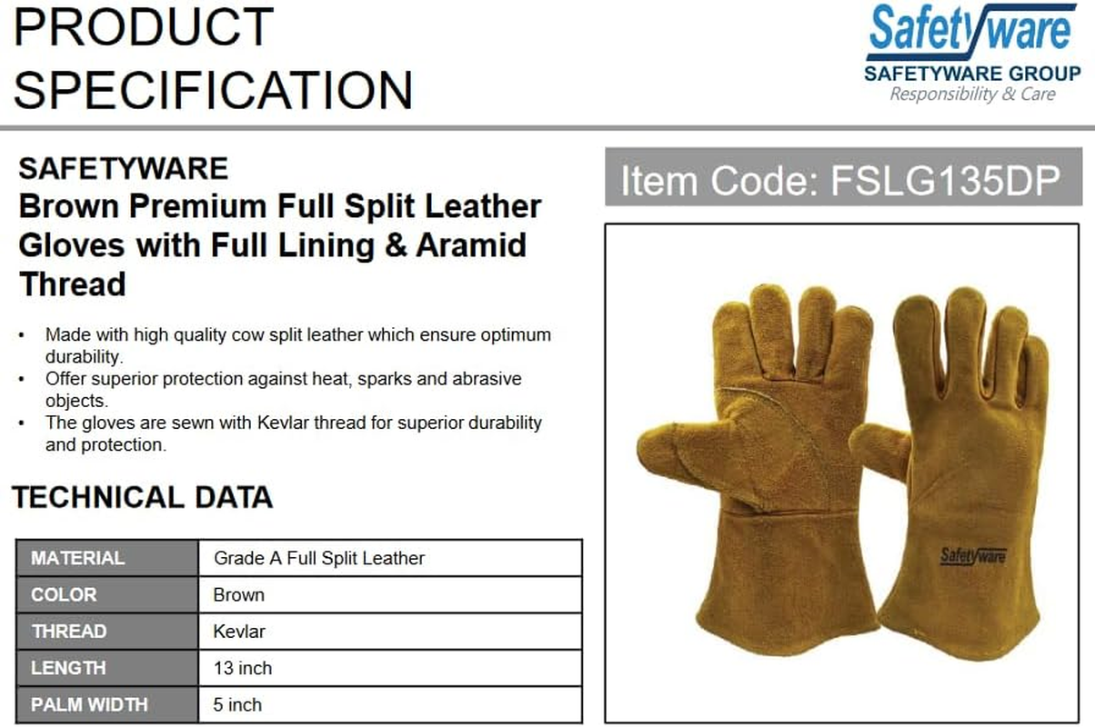 Safetyware Premium Cowhide Leather Welding Riggers Safety Work Gloves Heat Proof Made with Kevlar Brown Tig Mig Welders BBQ image number 3