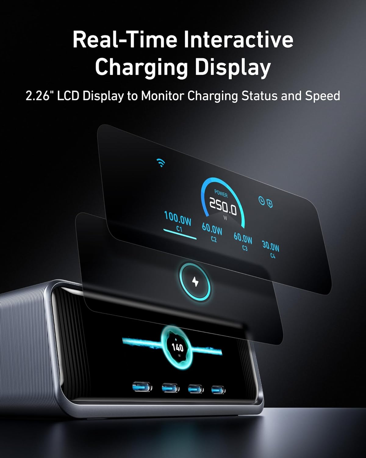 Anker Prime Charger, 250W Gan Prime USB C Charging Station, Ultra-Fast 6-Port, 2.26" LCD Display and Smart Control Dial, Compatible with Macbook Pro/Air, Iphone 16/15/14, Galaxy, and More (Silver) image number 5