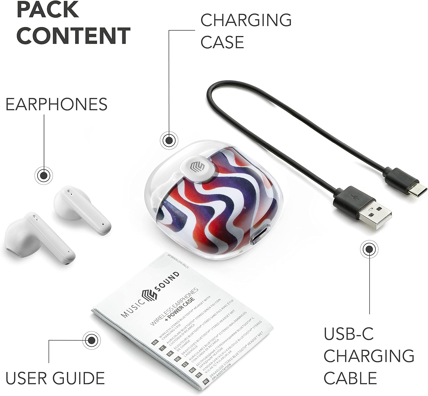 Music Sound | DRIP - Bluetooth Capsule Headset - Transparent Case with Fashionable Patterned Design - 19 Hours Playtime - Controls on the Earpiece - Wave Fantasy image number 1