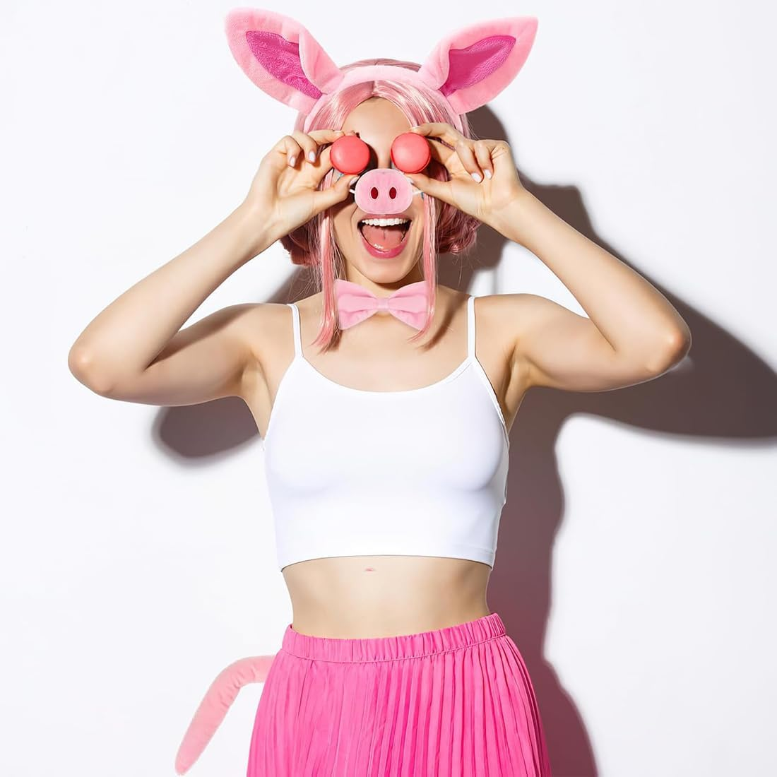 Pig Costume Set, Pig Ears Headband Pig Tail Nose Bow Tie, Animal Fancy Dress Party Accessories for Kids Adult Halloween Birthday Christmas Cosplay Dress up Party Decoration (Pink) image number 5