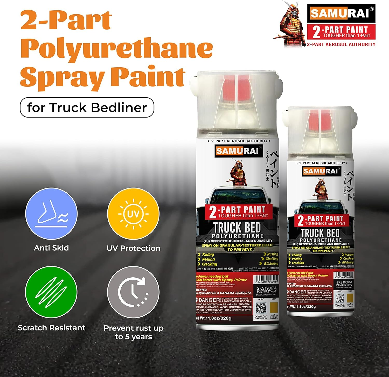 Samurai 2-Part Polyurethane Granular Textured Truck Bed Liner Spray Paint - 11.3 Ounce UV Resistant and Rust Resistance (BLACK, Pack of 1 Can) image number 1