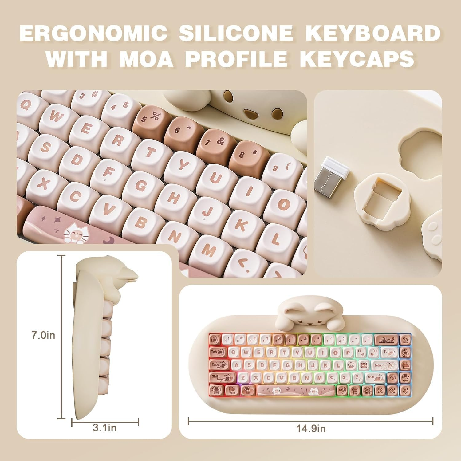 YUNZII C68 Wireless Mechanical Keyboard, 65% Gaming Keyboard Hot Swap,Triple Mode Bt5.0/2.4G/Wired,Rgb Backlit Nkro,Cute Cat Silicone Ergonomic Keyboard for Win/Mac（Milk Switch，Brown image number 1