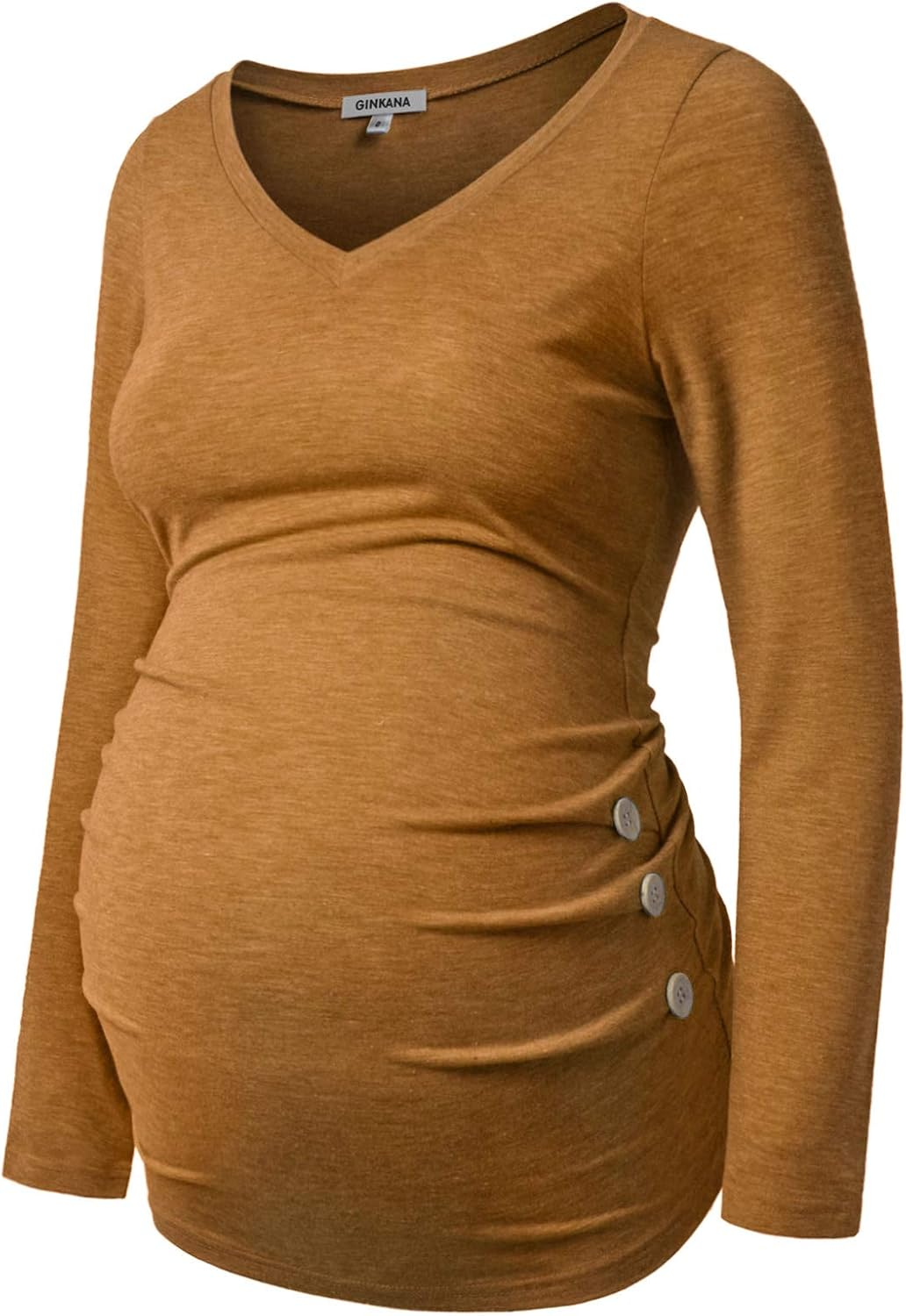 GINKANA Maternity Shirt Long Sleeve Basic Top Ruch Sides Buttons Tshirt for Pregnant