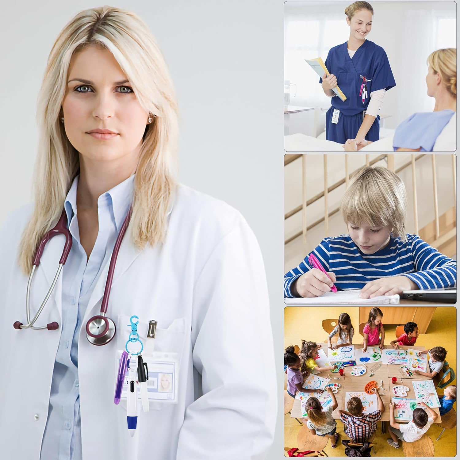 HOYDATE 8Pcs Mini Highlighter Nurse Pen Pack Set Nurse Pens for Badge Include Tip Highlighter 2 Permanent Marker Pens and 2 Retractable Ball Pen with 2 Nursing Keychain Clip (Rose Red+Blue) - Black+Orange image number 3