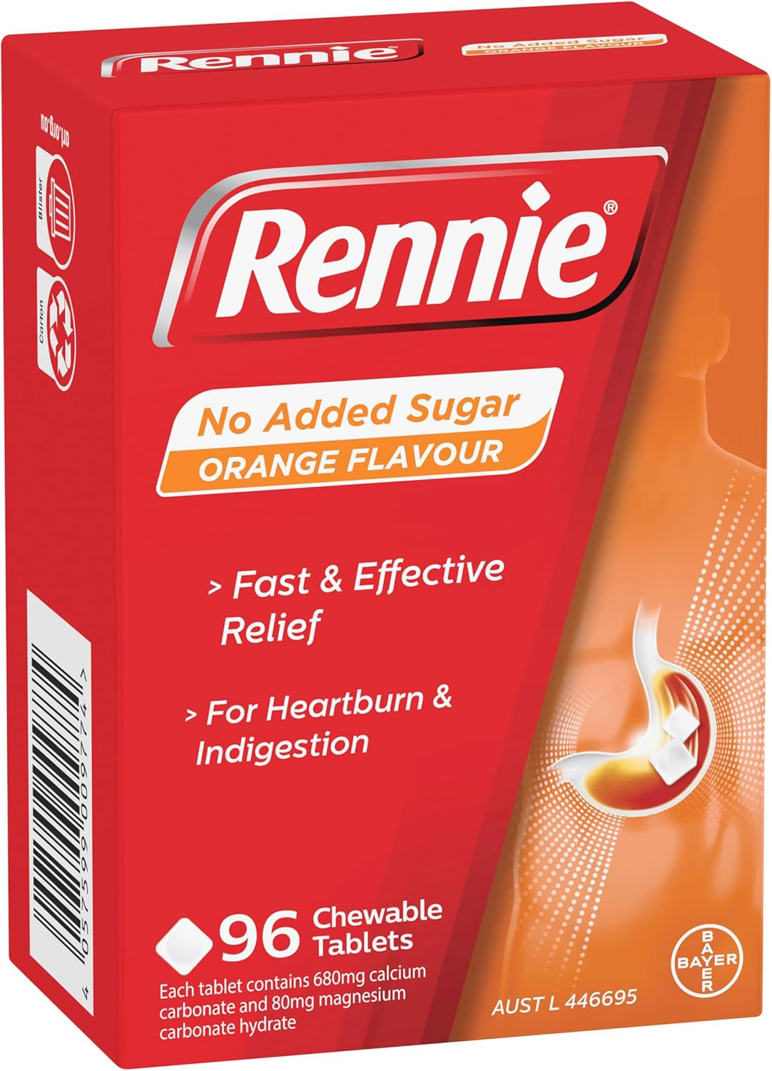 Rennie NAS Orange Flavoured Chewable Tablet for Heartburn and Indigestion Treatment 96 Tablets image number 4