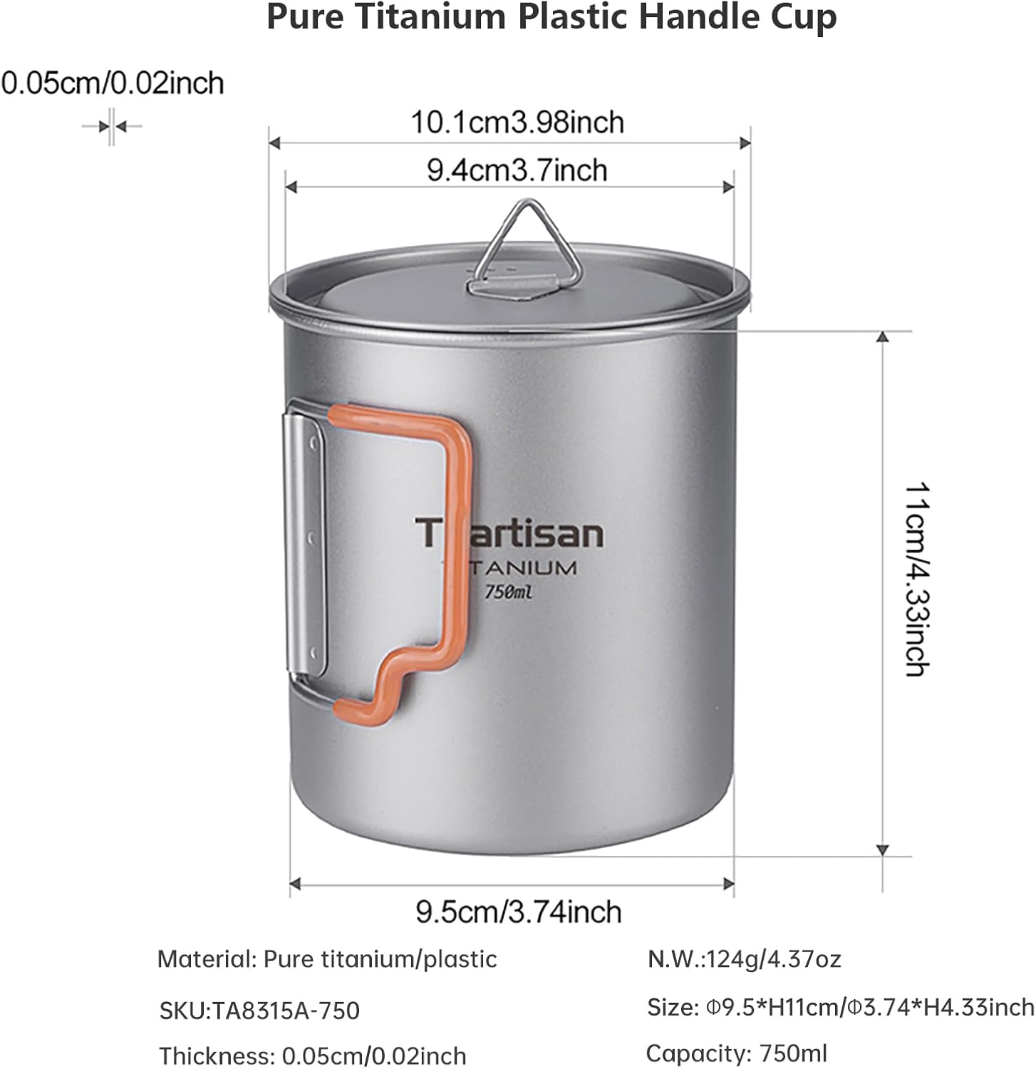 Ti Artisan Titanium Cup Camping Pot Portable Ultralight Coffee Mug 450ML/750ML Water with Foldable Handles and Lid for Outdoor Camping Hiking Backpacking (750ML) image number 1