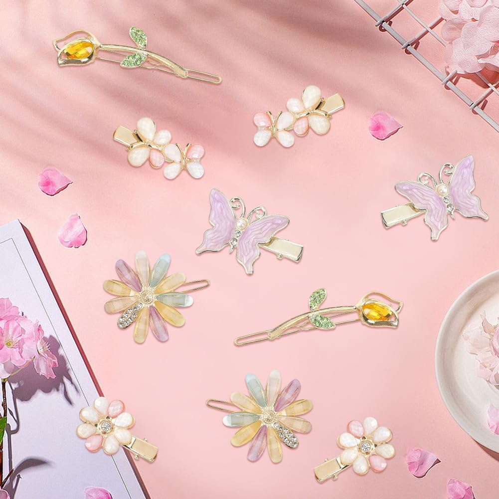 SUNNYCLUE 10Pcs Butterfly Alligator Hair Clips Decorative Hair Barrettes Colorful Alloy Resin Rhinestone Flower Floral Aesthetic Metal Bobby Hairpins Accessories for Short Long Hairstyle DIY Decor image number 2