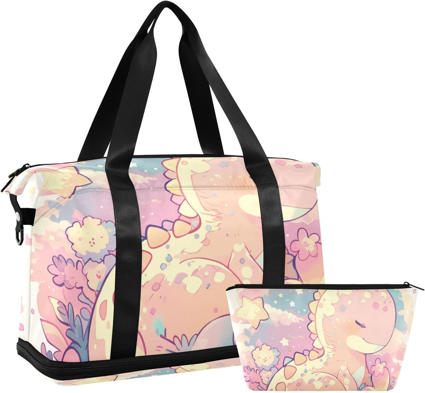 Cartoon Baby Dinosaur Childlike Doodle Style Pastel Colors Large Bag Travel Weekender Gear Bag with Adjustable Strap for Business Trips 2 Pcs Set, Cartoon Baby Dinosaur Childlike Doodle Style Pastel image number 4