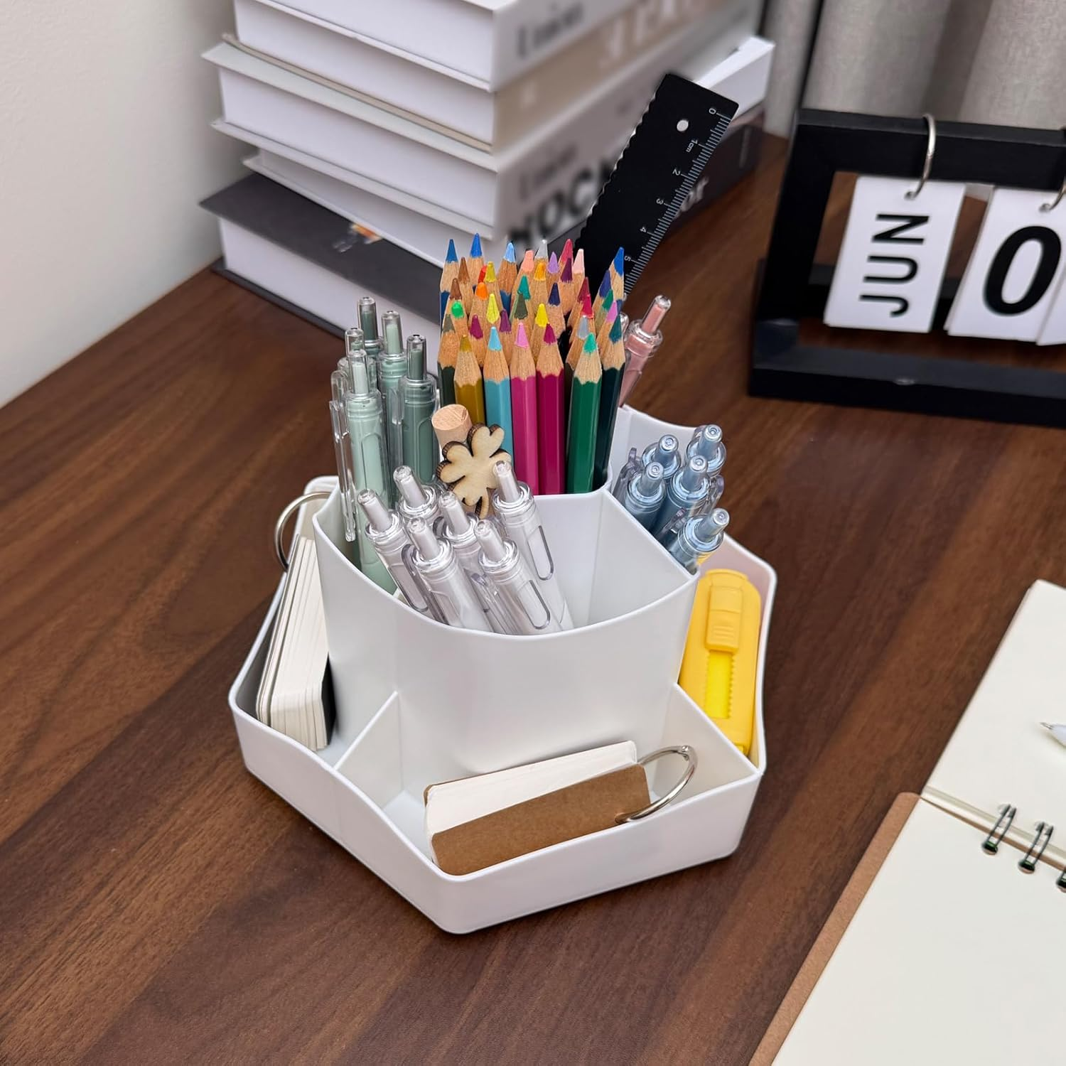 Pencil Pen Holder, 360&deg; Spinning Desk Organizer with 9 Tiered Compartments for Pens, Makeup Brushes, Kitchen Utensils & Crafts, Sturdy Lazy Susan Design -White image number 1