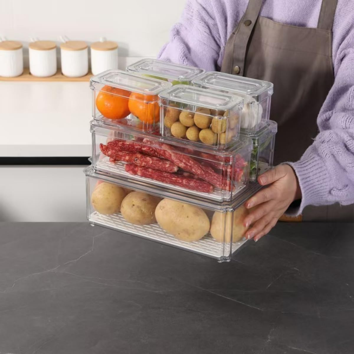 Refrigerator Organizers and Storage, Set of 7 Fridge Organiser, Fruit Storage Containers for Fridge Keep Fresh, Stackable Food Storage Containers with Lids for Vegetables, Fruits, Food, Drinks image number 5