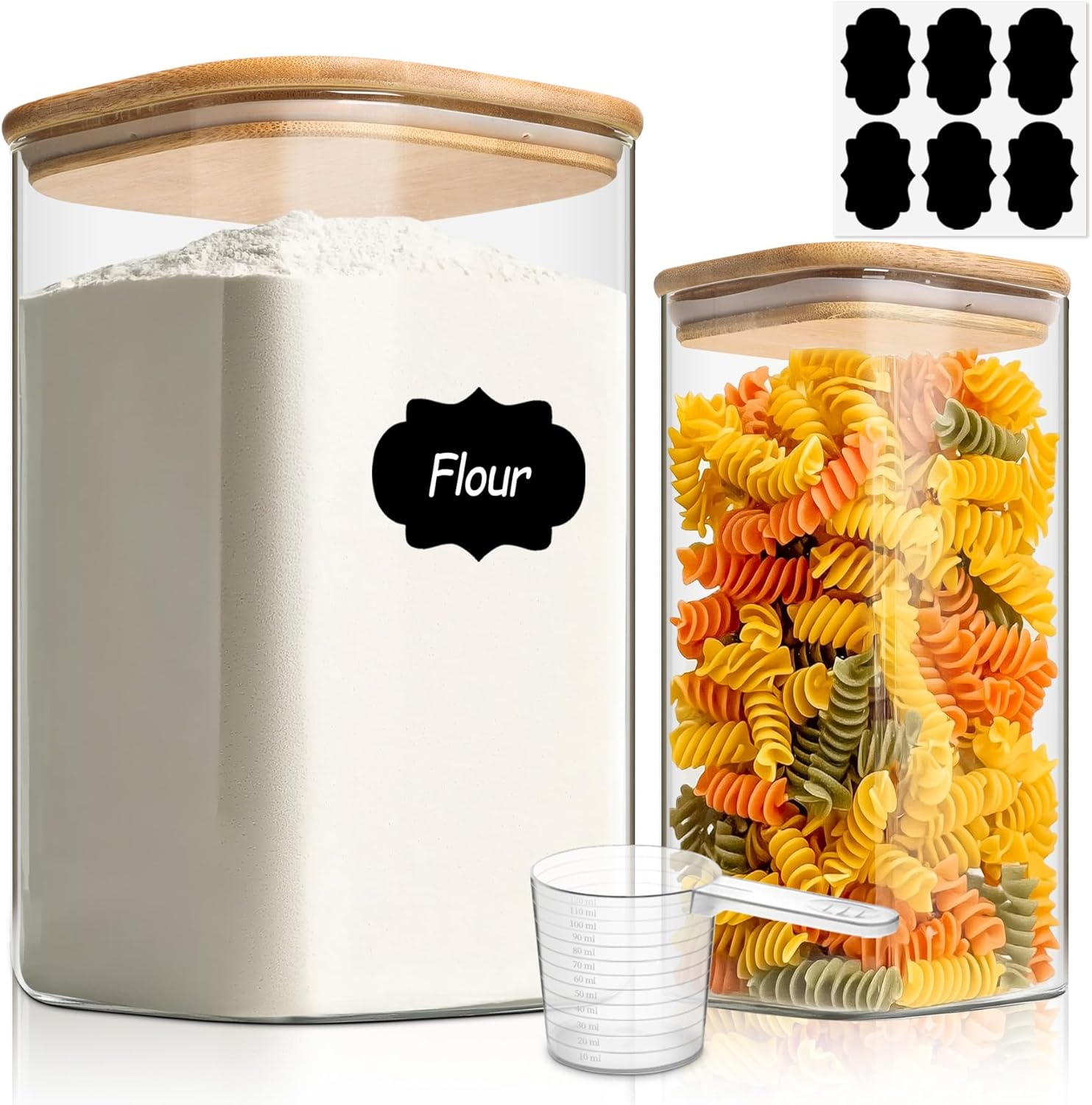 Comsaf Glass Pantry Storage Containers, 4350/1500Ml Large Square Flour and Sugar Containers with Airtight Lids, Gallon Glass Jars with Bamboo Lids for Cereal, Rice, Pasta, Cookies, Coffee Beans image number 6