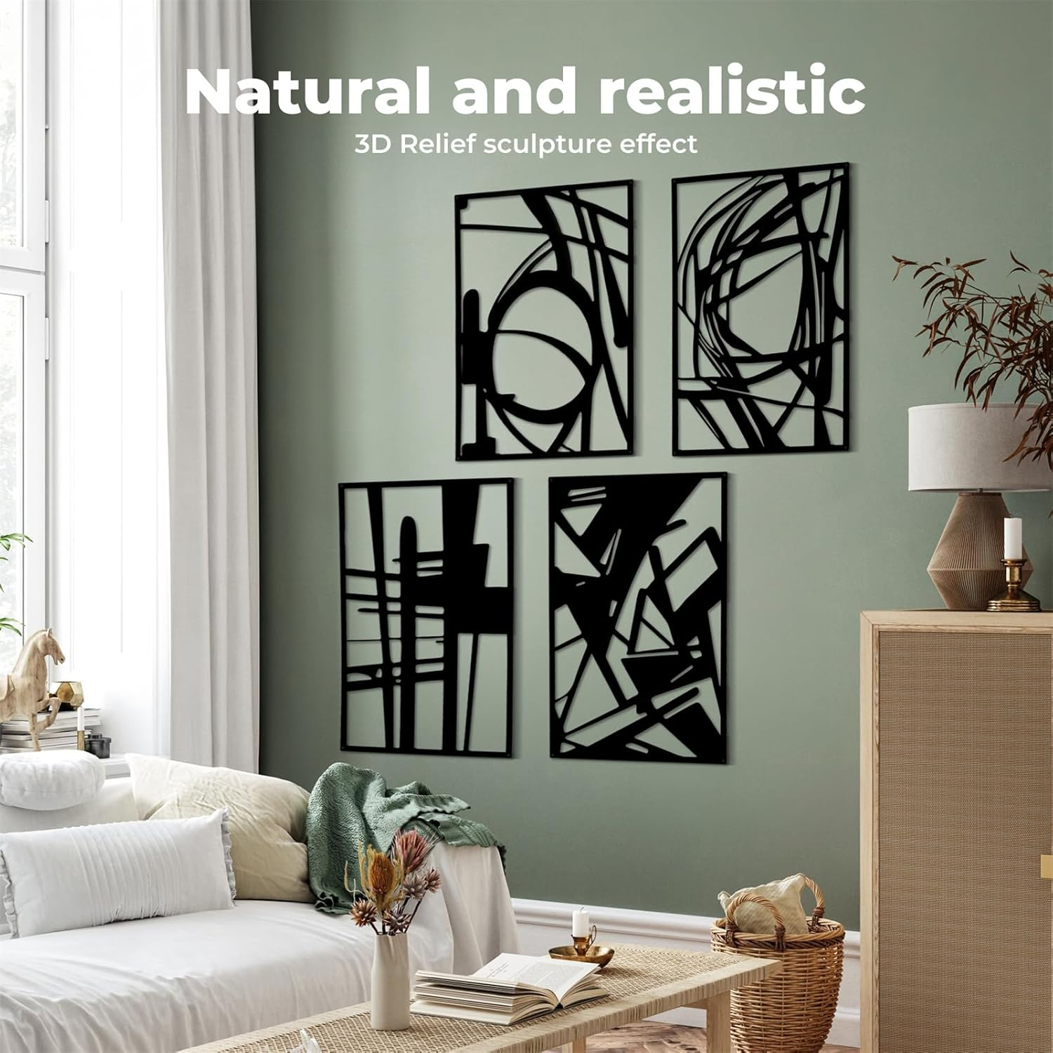 Yezi 4 Pcs Metal Abstract Wall Art, Minimalist Matte Black Single Line Art Decor, 3D Sculptures Textured, Aesthetic Modern Sculpture, Hanging for Living Room Bedroom Kitchen Bathroom Decorations