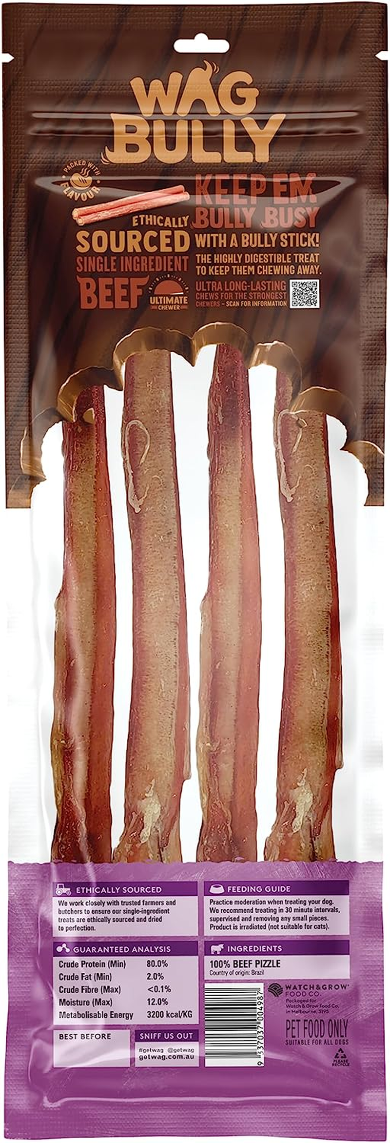 Large Bully Sticks 4 Pack, Grain Free Hypoallergenic Natural Dog Treat Chew, Beloved Boredom Busters