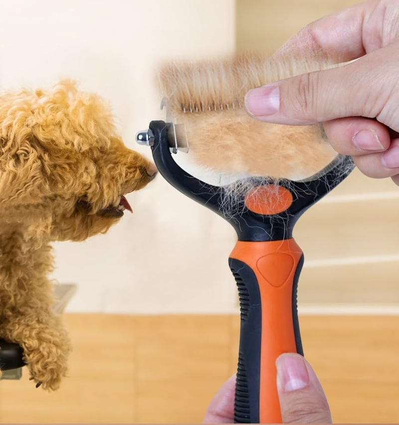 Undercoat Rake for Dogs, 2 in 1 Dematting Comb & Deshedding Tool for Long Hair Pets, Pet Hair Grooming Brush, Clear Mats and Tangles, Reduces Shedding (Orange, One Size)