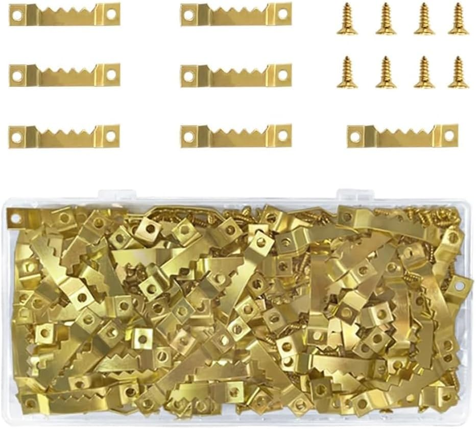 100 Pack Small Sawtooth Picture Hangers with 200 Pieces Screws,Hanging Wooden Frames Paintings Artwork Craft Projects,Steel Picture Hanging Picture Frames Hangers,Sawtooth Picture Hangers(Gold)