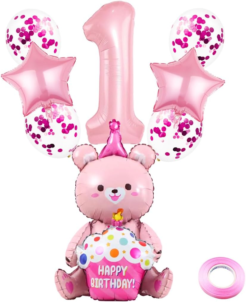 Weenkeey 1St Bear Birthday Balloons Giant 4D Bear Aluminum Foil Balloon Number 1 Mylar Balloon Bear Hug Cake Balloon for Bear Theme Party Supplies Girls Birthday Baby Shower D&eacute;cor