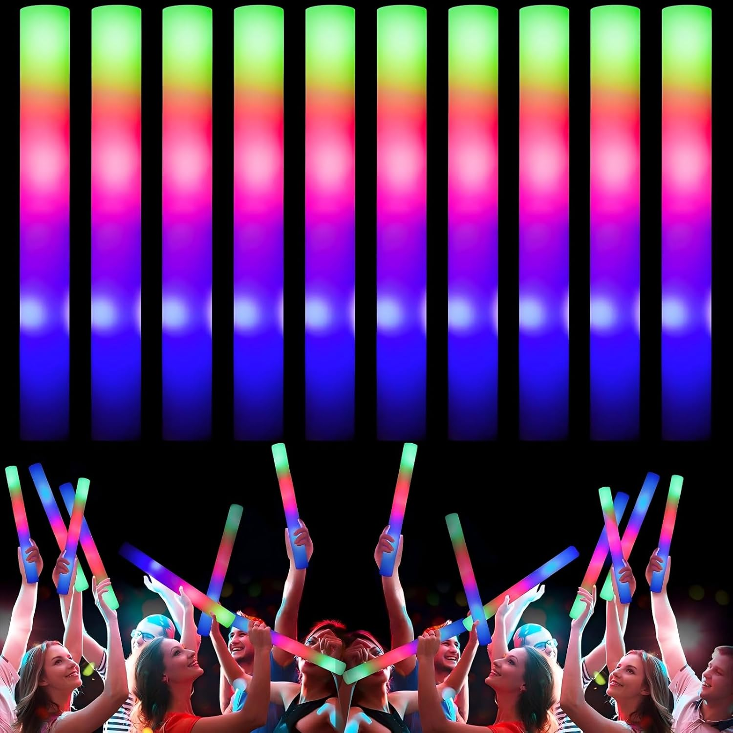 Giant 48CM Foam Glow Sticks Bulk, 10 PCS LED Light Sticks Glow in the Dark Party Supplies with 3 Modes Colorful Flashing Light up Toys for New Year Birthday Party Wedding Concert Halloween Christmas image number 6