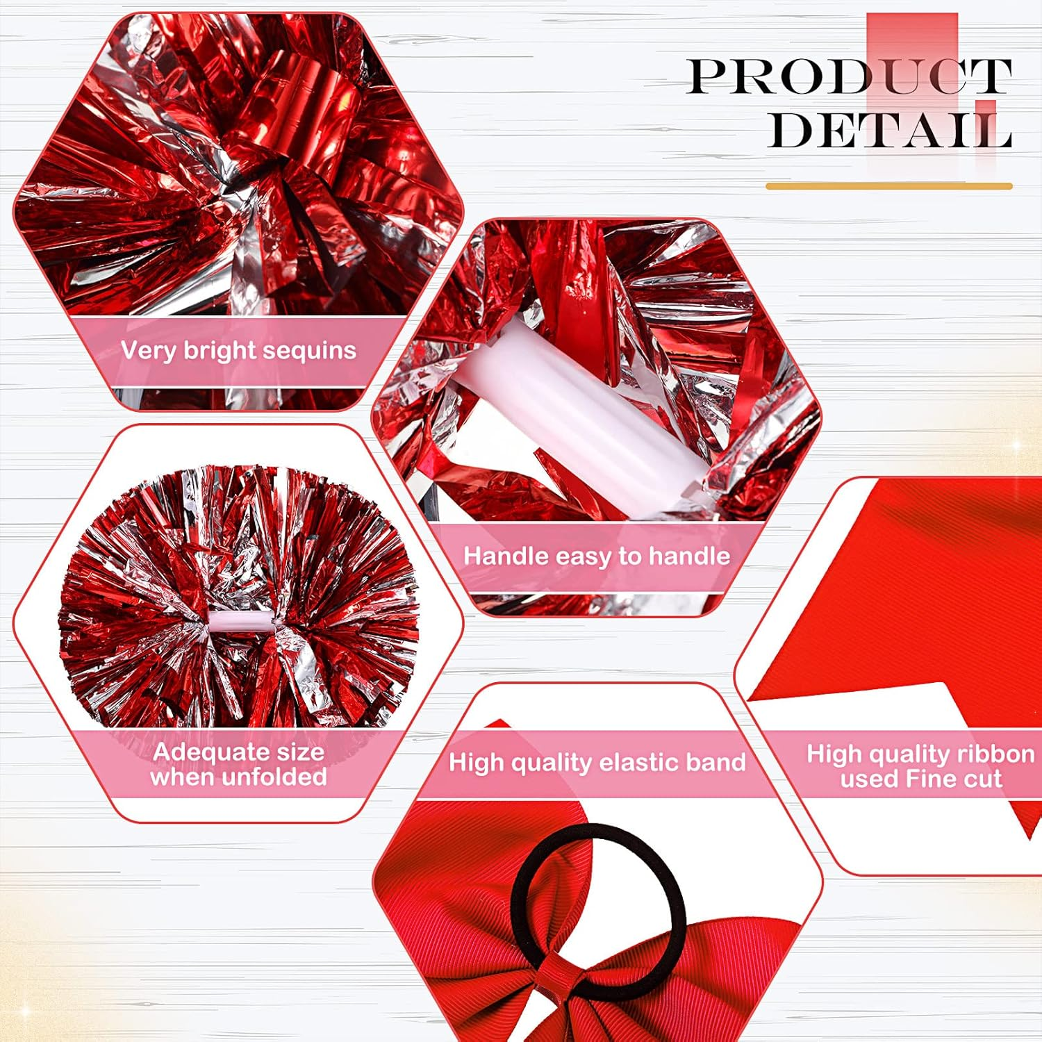 12 Pack 14 Inch Cheerleading Pom Poms and 6 Large Cheerleader Bow Cheer Pom Poms with Baton Handle and Cheerleader Hair Bows for Teen Girls Softball Dance Cheerleader Outfit Uniform (Red) image number 2