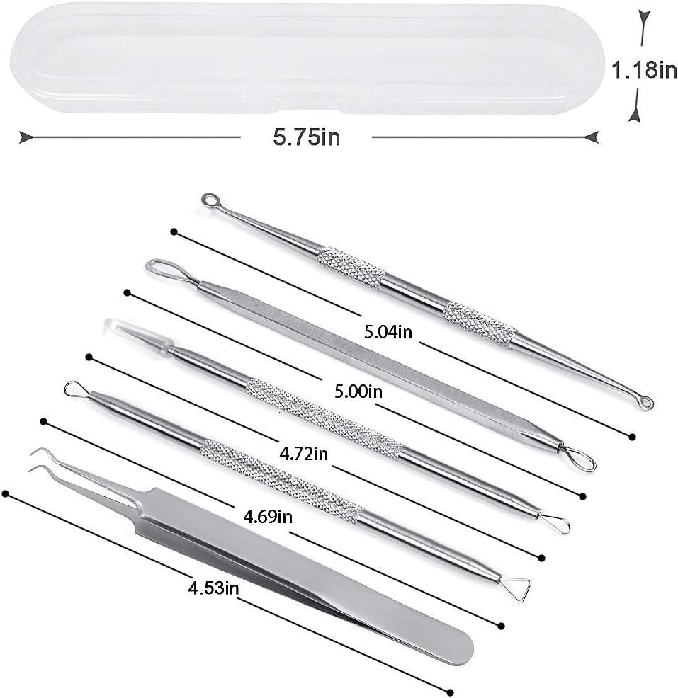 5PCS Blackhead Remover Tool Set Acne Extractor Comedone Pimples Spot and Zit Removal Tool with Case (Silver) image number 5