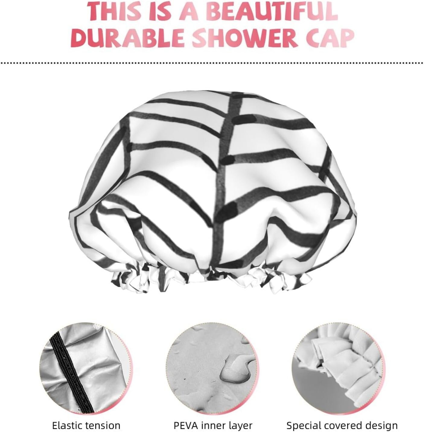 Wurton Black and White Stripes Print Reusable Enviro-Care Shower Cap Soft for Women Double Waterproof Layers Showe Cap
