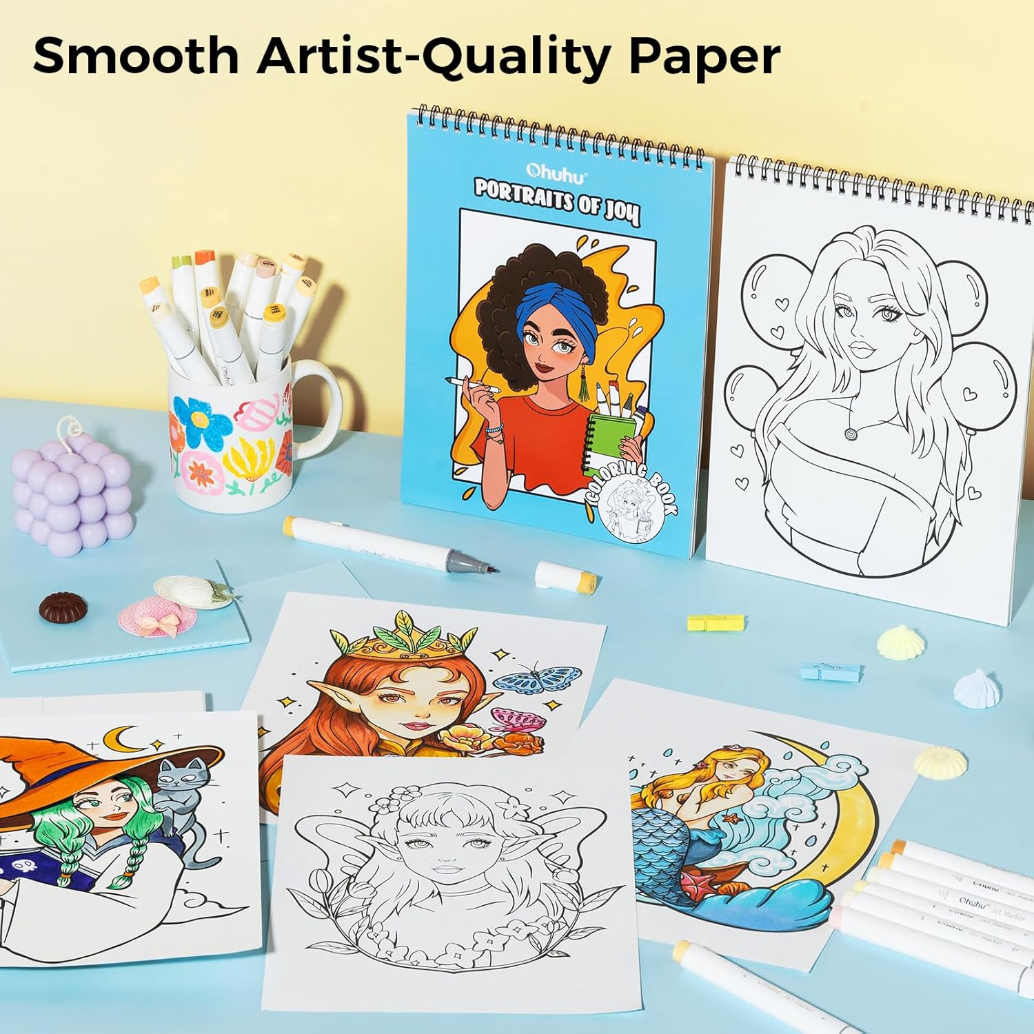 Ohuhu Double Sided Adult Colouring Book Bleedproof - Portraits of Joy - 20 Sheets/40 Pages Spiral Bound Page Double Sided Design Coloring Book -Perfect Stress-Relieving Gift Coloring Book image number 4