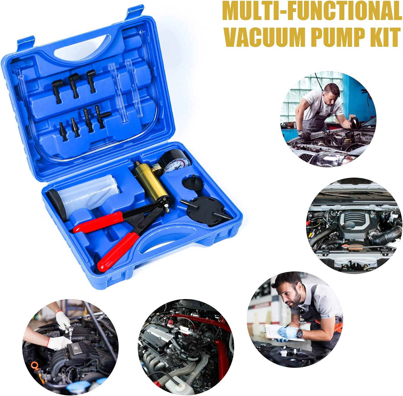 Yonligonju 2 in 1 Handheld Vacuum Pump Brake Bleeder Kit for Motorcycle 16 Pcs Brake System Bleeding Tools with Gauge Adapters Automotive Brake Fluid Bleeding Set for Bike Car Truck (Blue) image number 1