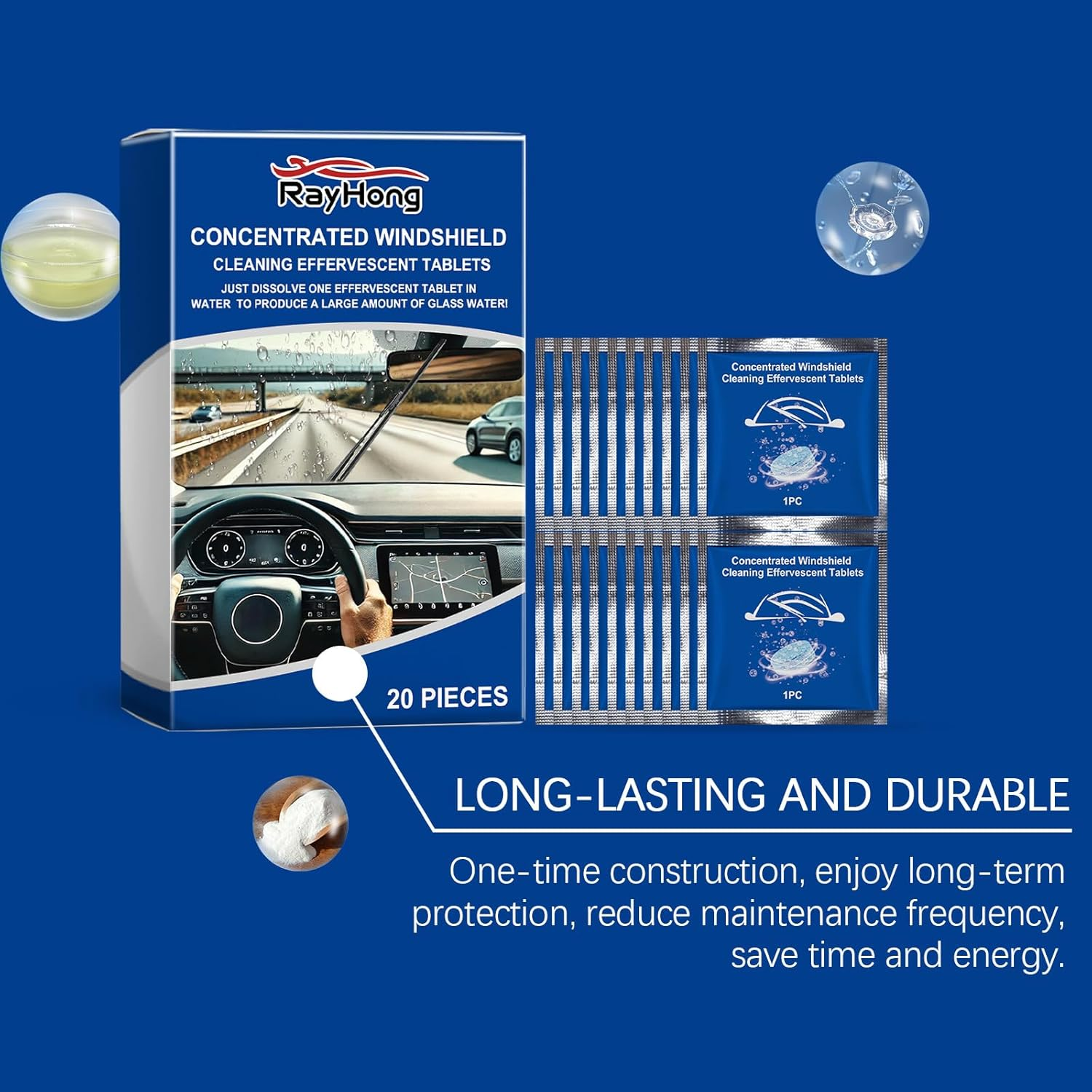 Windshield Cleaning Tablets, 20 Pack, Concentrated Effervescent Glass Cleaner with Anti-Fog Effect