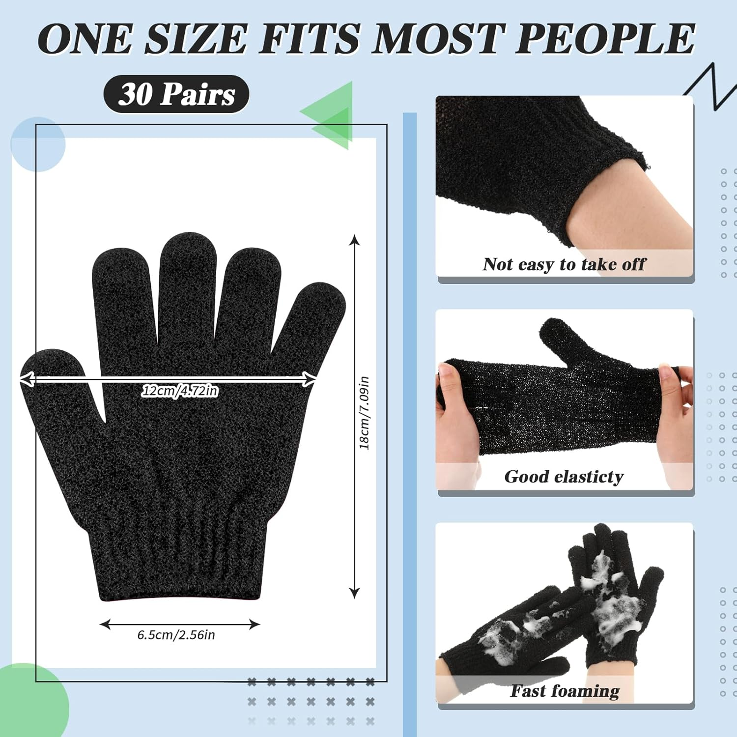 Ramede 30 Pair Exfoliating Gloves Double Sided Nylon Colorful Shower Gloves for Men Women Beauty Spa Massage Shower Deep Clean Body Skin Bathing Scrubber Accessories (Black) image number 3