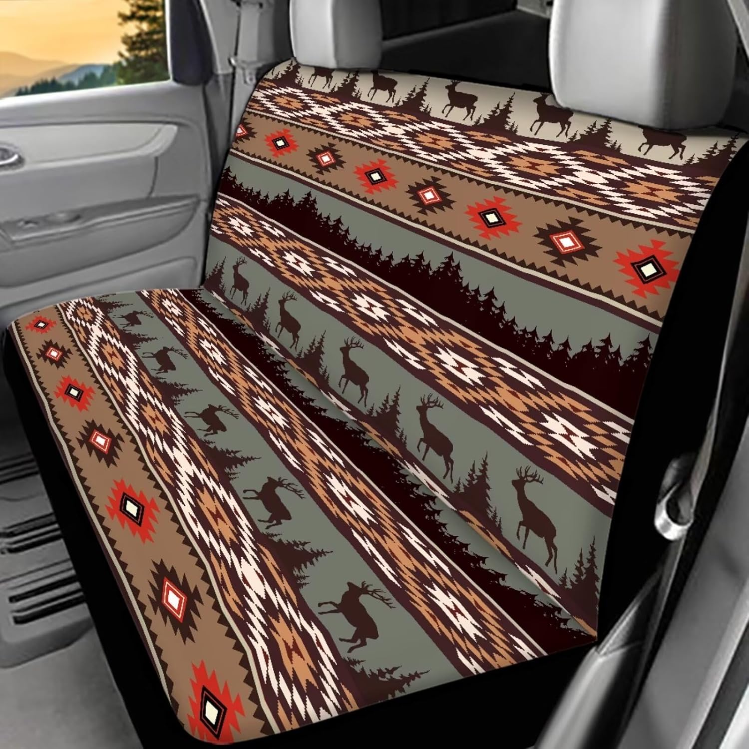 WELLFLYHOM Native Deer Car Seat Covers Rear Bench Seat Cover Aztec Tribal Car Accessories Universal Rear Seats Protective Cover for Trucks SUV