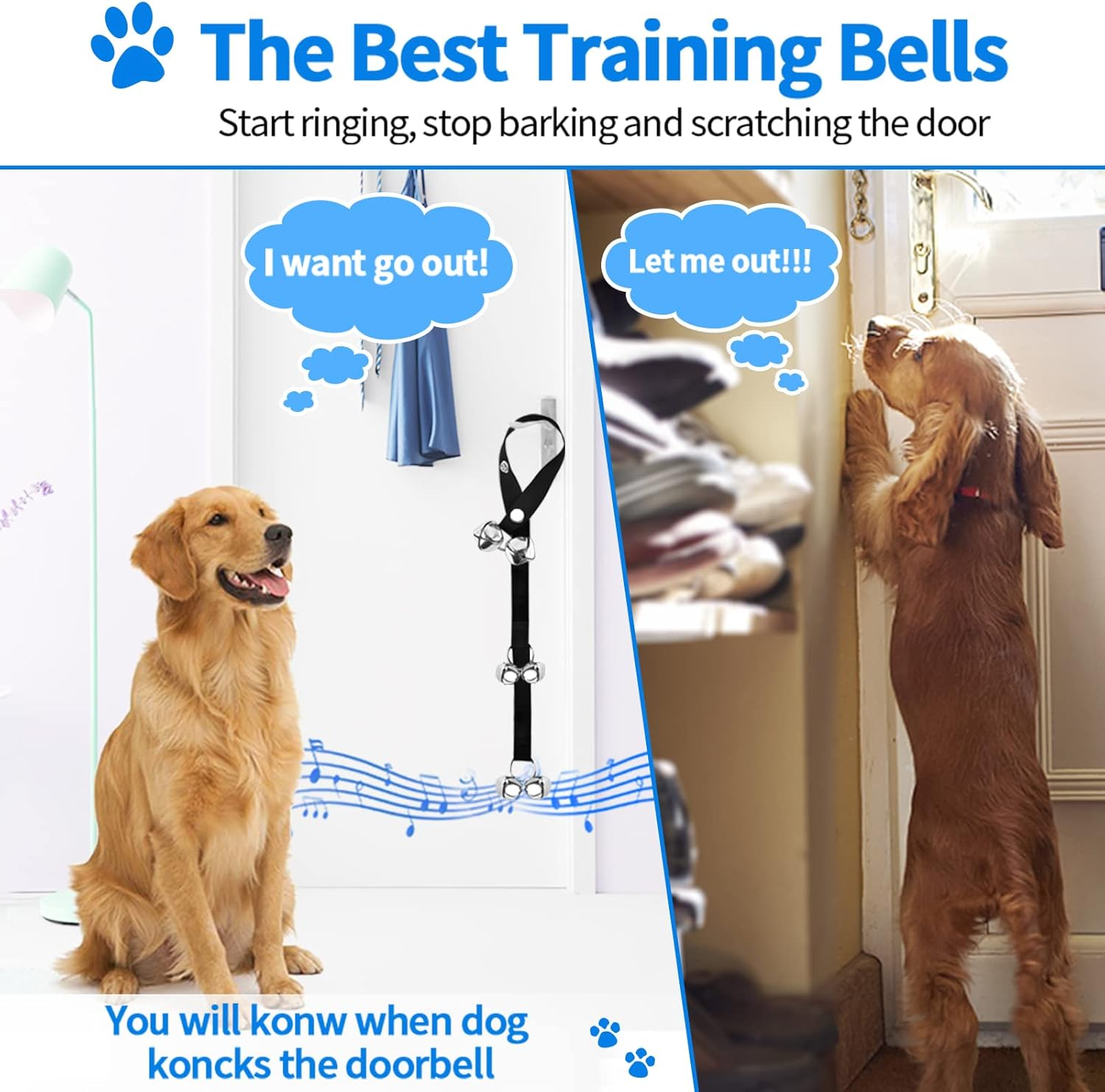 JIMEJV 2 Pack Dog Doorbells, Pet Training Bells for Go outside Potty Training and Communication Device Large Loud Dog Bell Cat Puppy Interactive Toys Adjustable Strap Door Bell image number 3