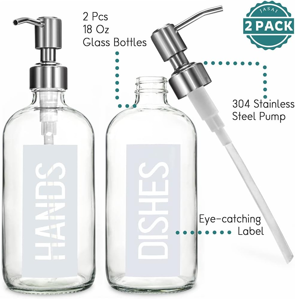 JASAI 2Pack 18OZ Glass Soap Dispenser with Rustproof 304 Stainless Steel Pump, Kitchen Soap Dispenser for Hands & Dishes (White) - White image number 4