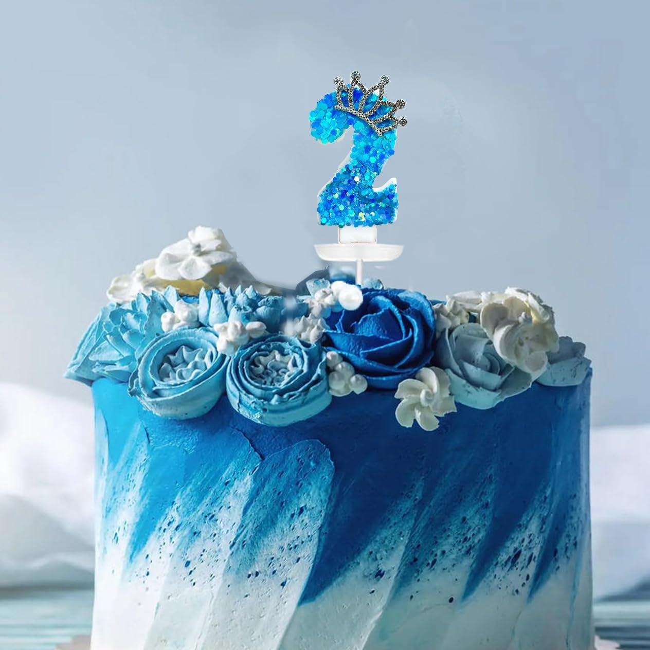 Crown Number 2 Candle 2Nd Birthday Candle for Cake with Sequins, Two Years Old Cake Decoration Party Decor for Birthday Anniversary Celebrations Blue image number 4