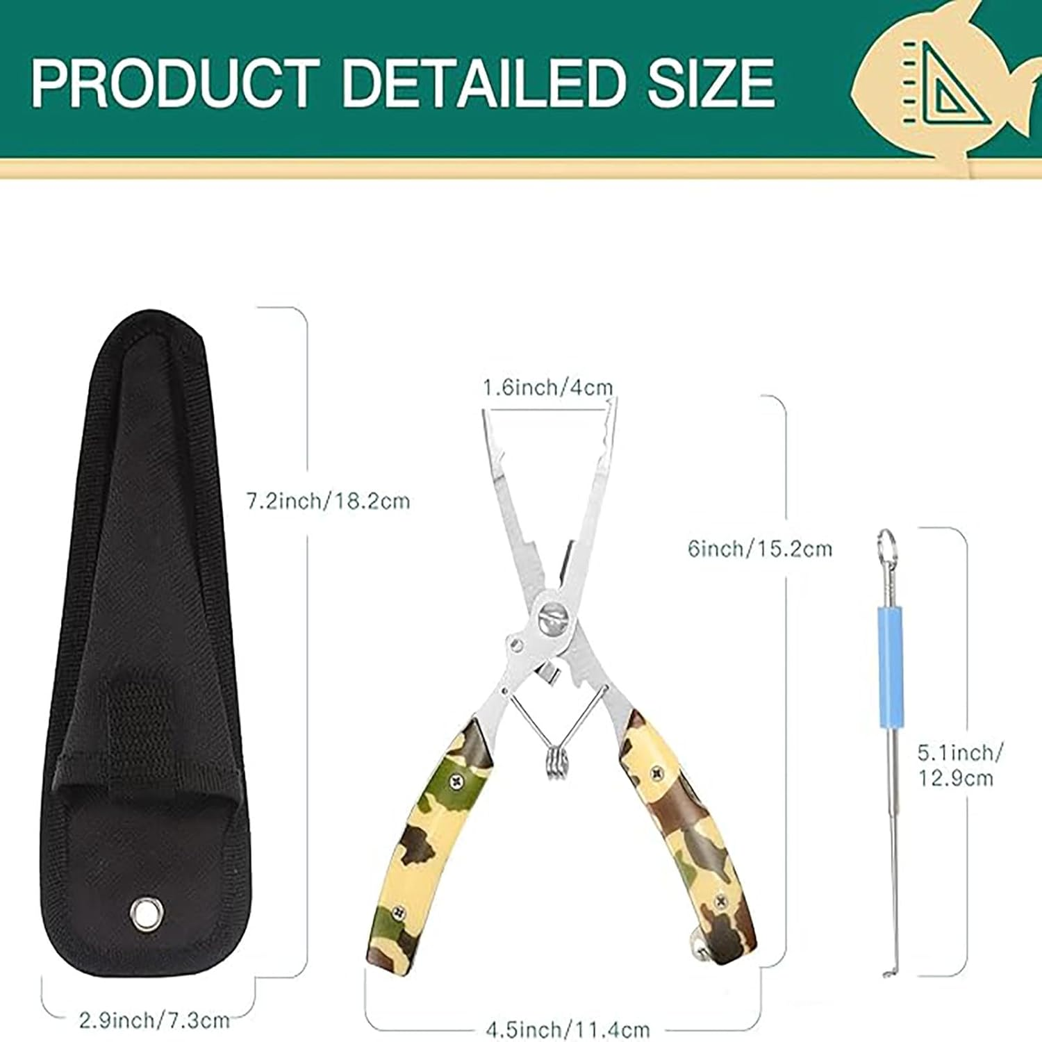 SYGELER Fishing Pliers, Stainless Steel Multifunctional Fish Pliers, Camouflage Fishing Tool with Hook Remover, Sheath and Lanyard, Gifts for Men image number 6