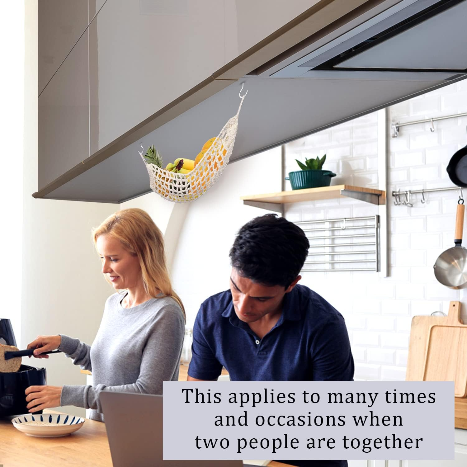 SAVITA 12.5X16Inch Hanging Fruit Hammock, Fruit Holder Hanging with 2 Hooks 100% Cotton Handmade Woven Space-Saving Fruit Basket under Cabinet for Kitchen Ship Storage image number 3