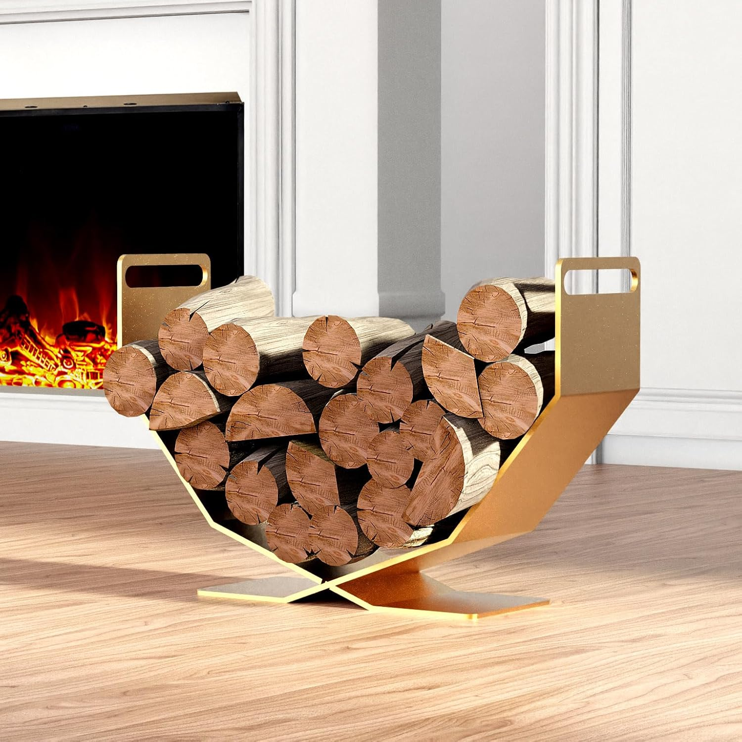 BRENNHOLZ Firewood Rack,17.72 Inches Decorative Heavy Duty Firewood Storage Rack Wood Holder for Outdoor Indoor (Gold) image number 2