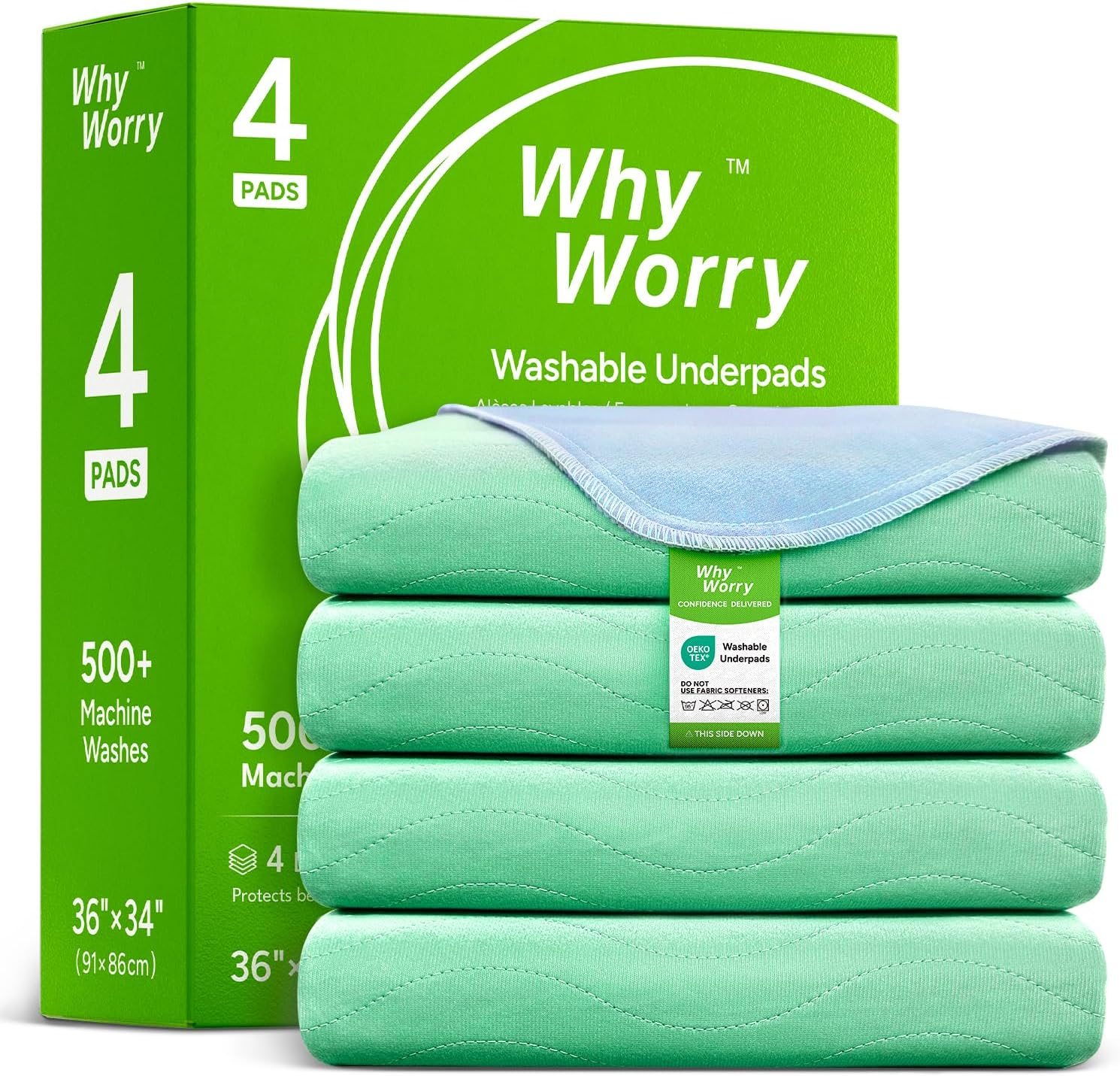 Whyworry Washable Bed Pads for Adult Incontinence, 86X91Cm (Pack of 4) Waterproof Mattress Protector for Bed Wetting, Heavy Absorbent Reusable Underpads for Elderly & Kids, Washable Pee Pads, Green image number 1