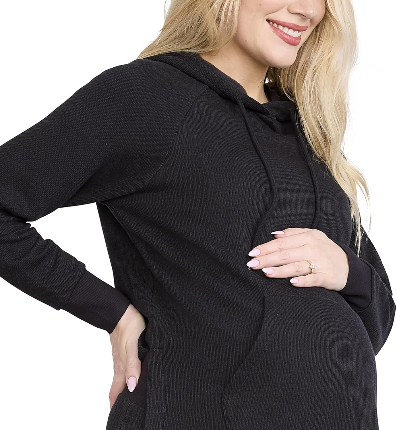 Motherhood Maternity Women'S Long Sleeve Fleece Tunic Pullover Pregnancy Hoodie with Side Slits and Kangaroo Pocket image number 4