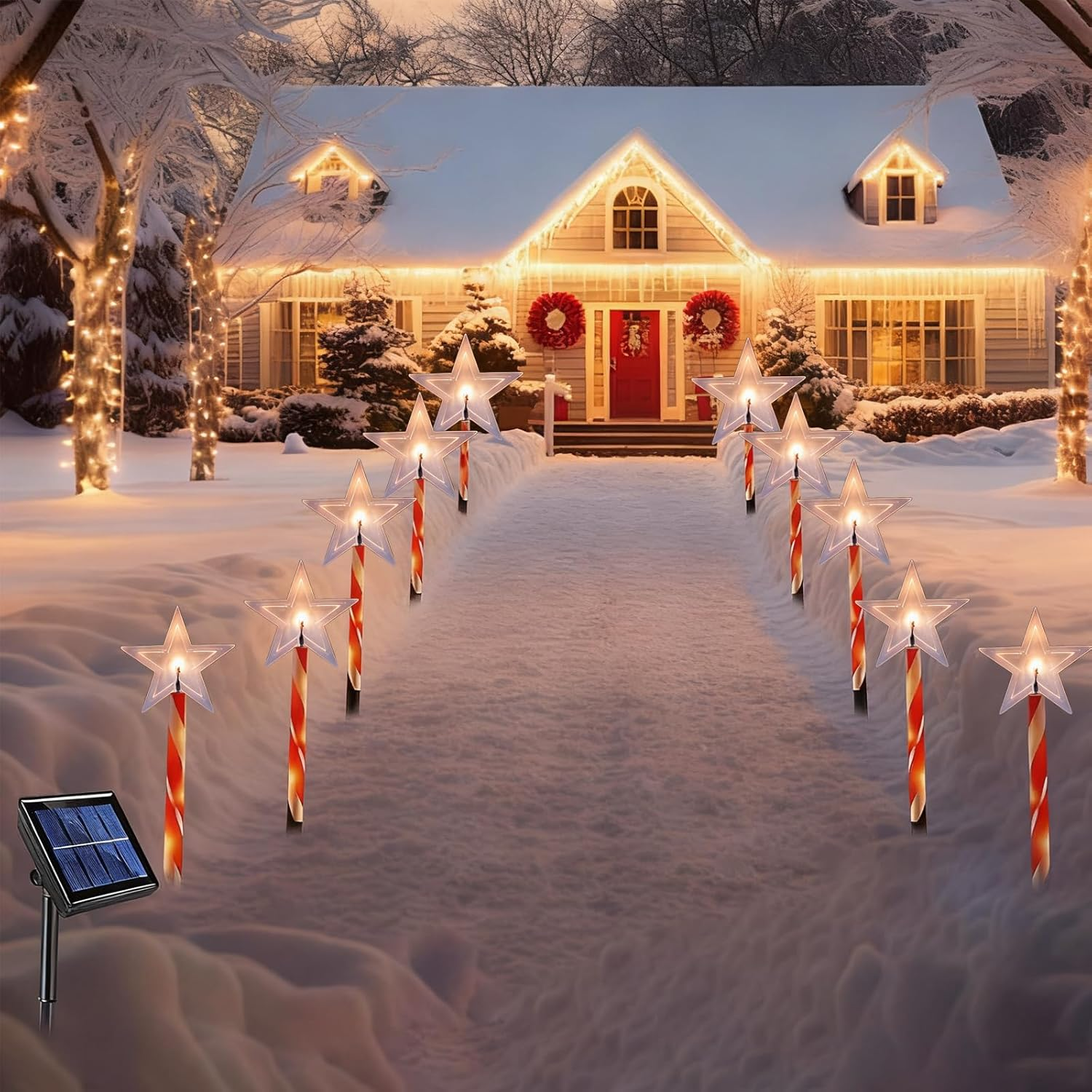 Quintrost Solar Christmas Lighting Star for Outdoors, Pack of 5 Christmas Stars Garden Lights, IP65 Waterproof Solar Lights, Christmas Decoration for Garden, Patio, Walkway, Yard, Lawn, Warm White